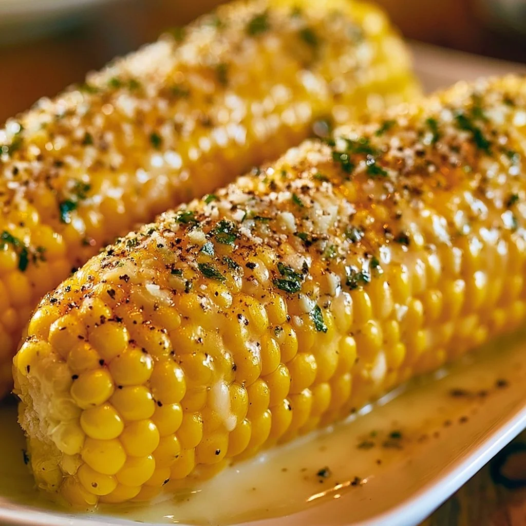 Delicious Garlic Parmesan Corn on the Cob served with a buttery sauce