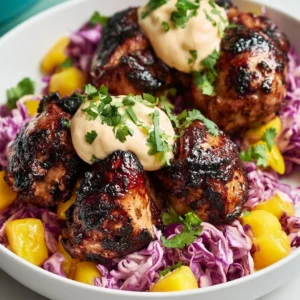 Jerk Chicken and Mango Slaw Bowl topped with Honey Lime Cream