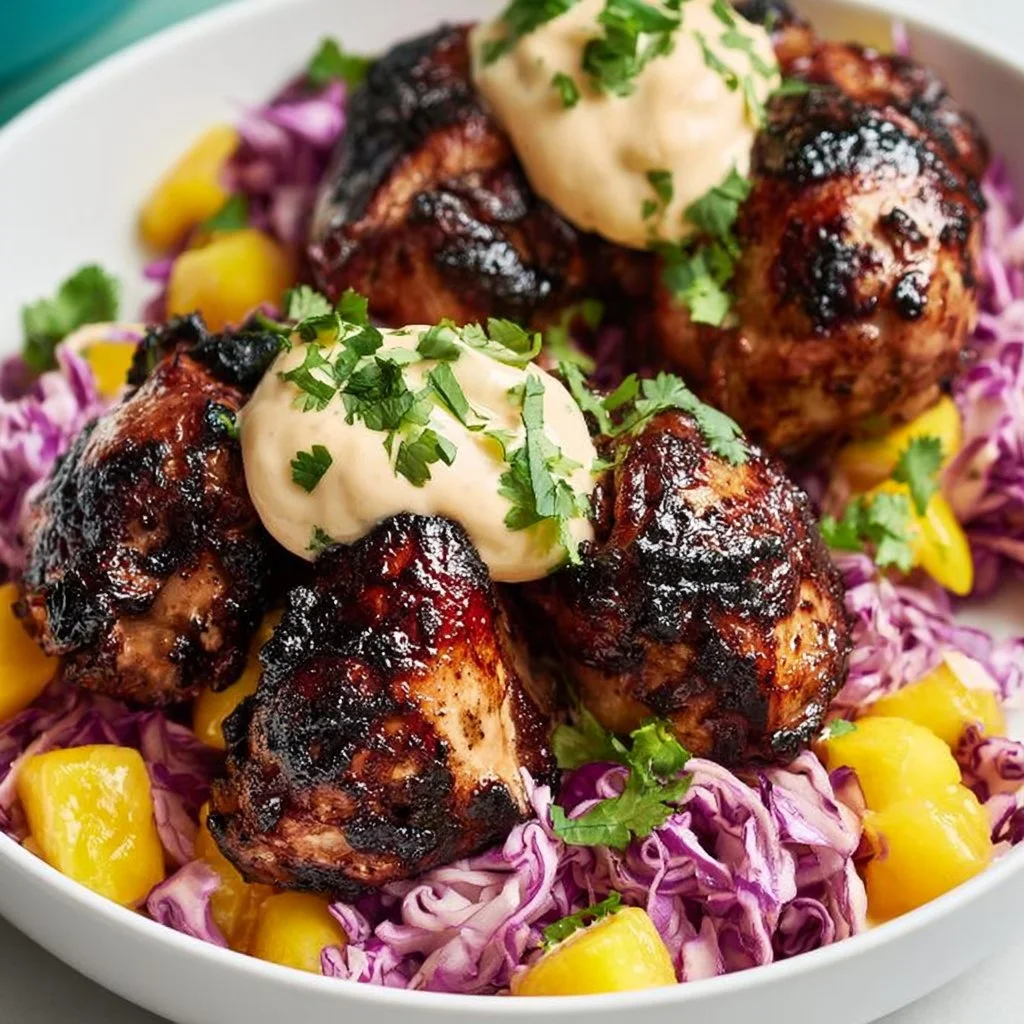 Jerk Chicken and Mango Slaw Bowl topped with Honey Lime Cream