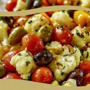 Mediterranean marinated cauliflower salad with fresh vegetables and herbs