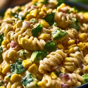 Bowl of Mexican Street Corn Pasta Salad with fresh ingredients