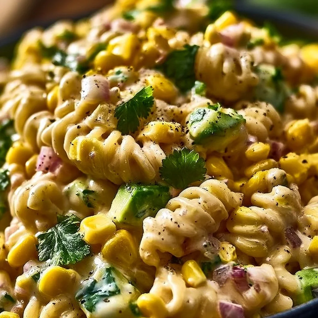 Bowl of Mexican Street Corn Pasta Salad with fresh ingredients