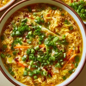 One-Pot Egg Roll Soup garnished with green onions and ginger in a bowl