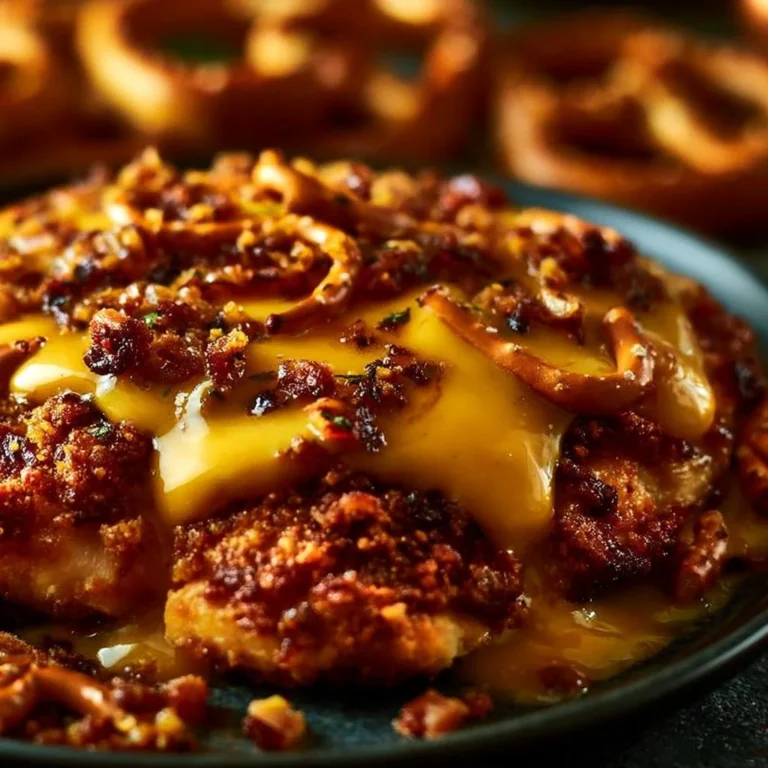 Plate of pretzel chicken drizzled with mustard-cheddar sauce