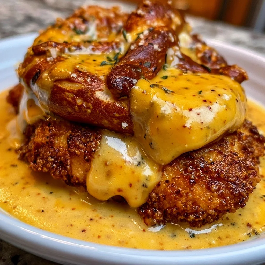 Pretzel Chicken with Mustard-Cheddar Sauce
