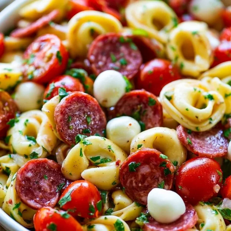 Roasted Red Pepper and Parmesan Tortellini Salad served in a bowl