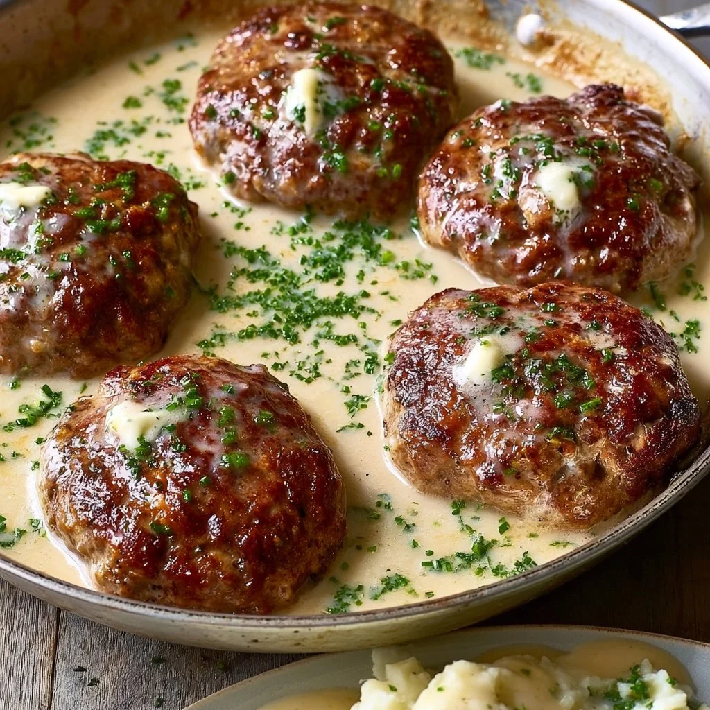 Salisbury steaks in horseradish parmesan sauce served on a plate