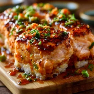 Baked Spicy Salmon Sushi with toppings in a ceramic dish