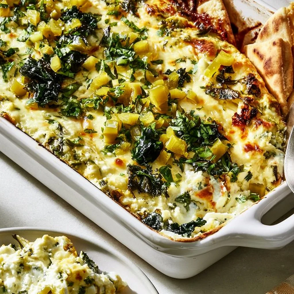 Delicious Spinach and Pepperoncini Baked Feta Dip served with pita chips