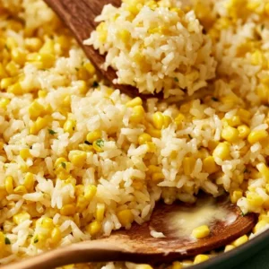 Bowl of sweet corn mixed with buttery rice, garnished with herbs