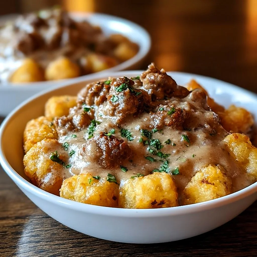 Delicious Tater Tot Breakfast Bowl topped with savory sausage gravy