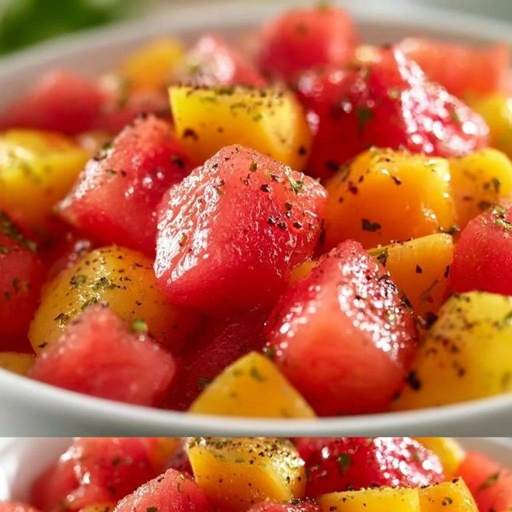 Delicious peach watermelon salad garnished with mint and lime.