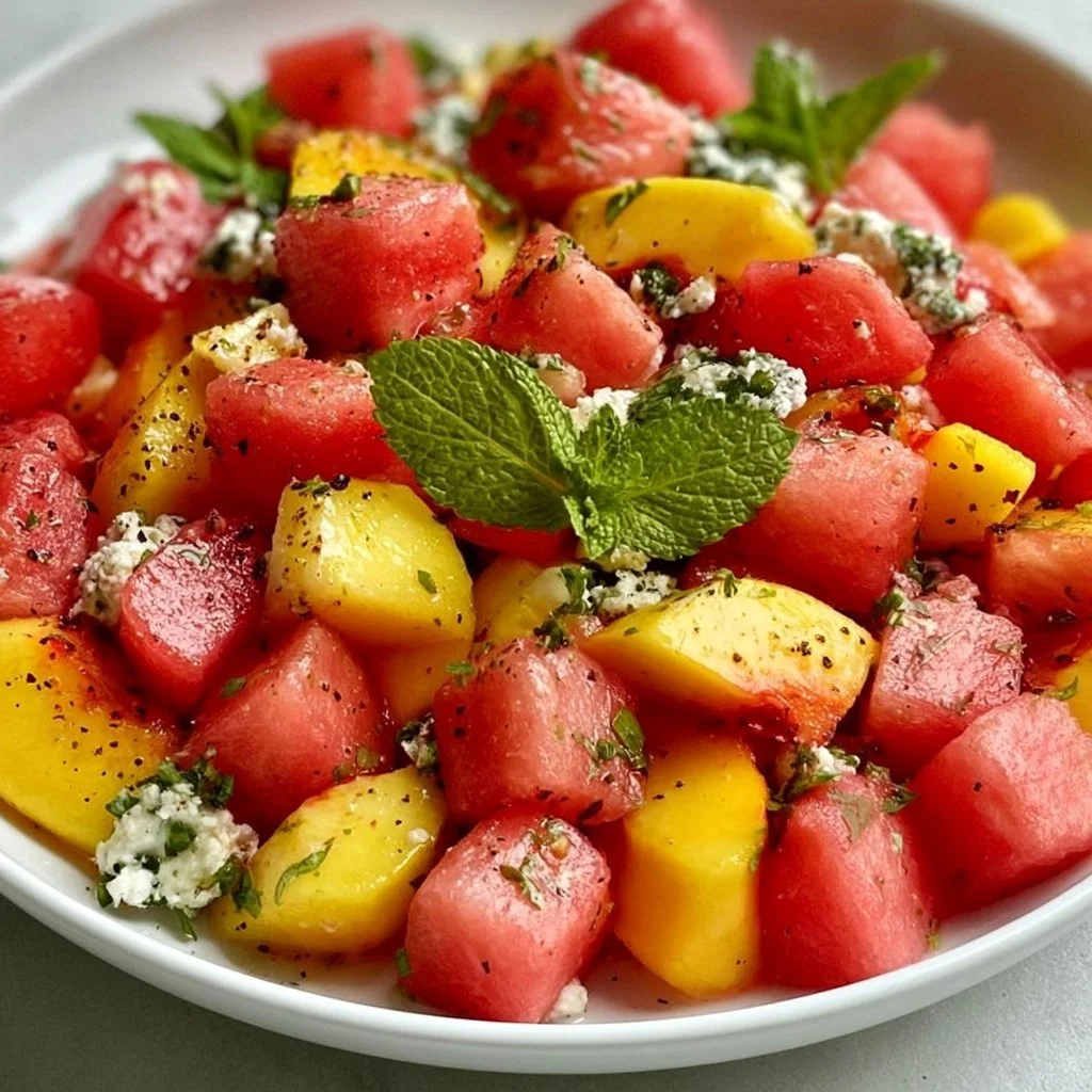 The Peach Watermelon Salad That Tastes Like Summer | Watermelon and Peach Recipes, Watermelon and Peaches Salad, Vegetarian Salad Recipes