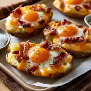 Twice Baked Loaded Breakfast Potatoes served on a plate, ideal for hearty breakfasts.