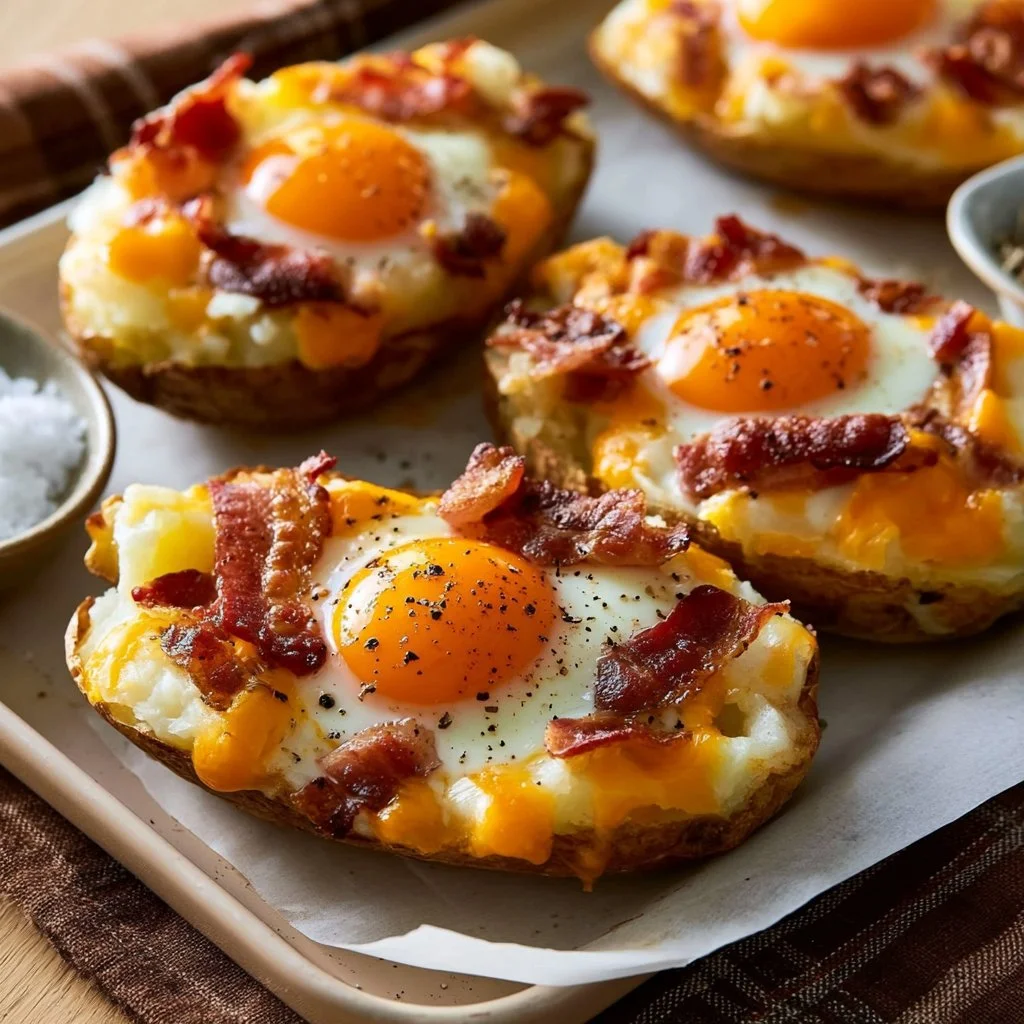 Twice Baked Loaded Breakfast Potatoes served on a plate, ideal for hearty breakfasts.