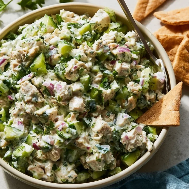 Delicious Tzatziki Chicken Salad served in a bowl with fresh ingredients.