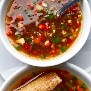 Bowl of Vietnamese fish dipping sauce with herbs and chili.
