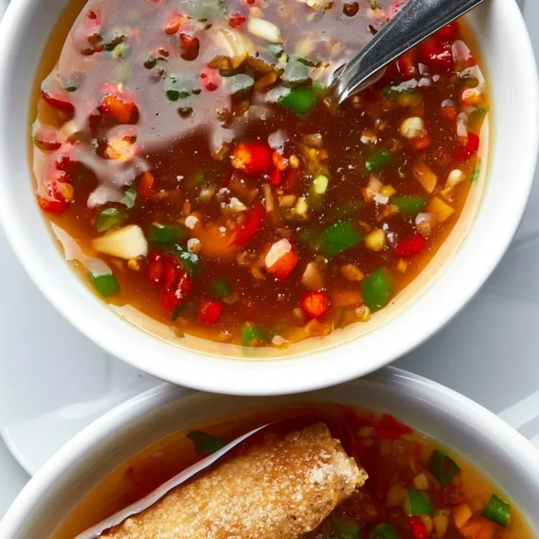 Bowl of Vietnamese fish dipping sauce with herbs and chili.