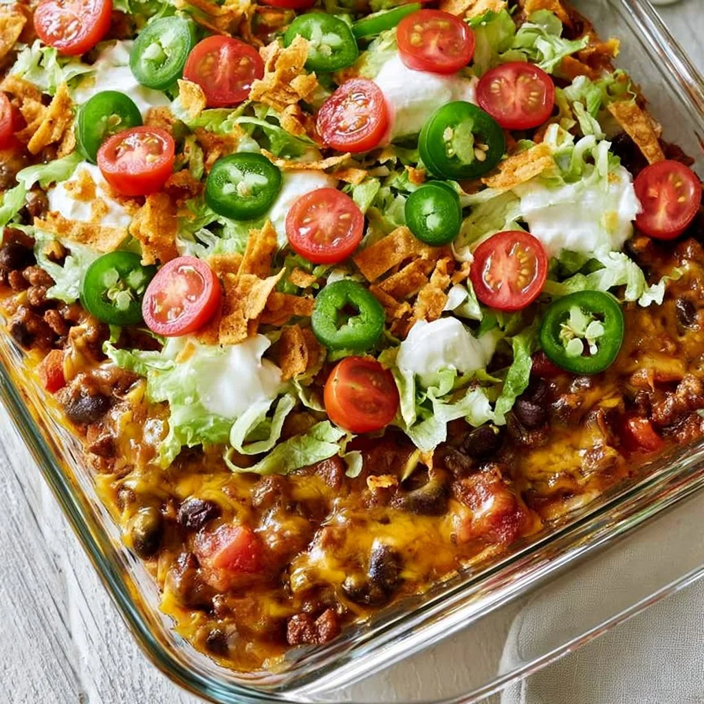 Delicious Walking Taco Casserole served in a bowl with toppings