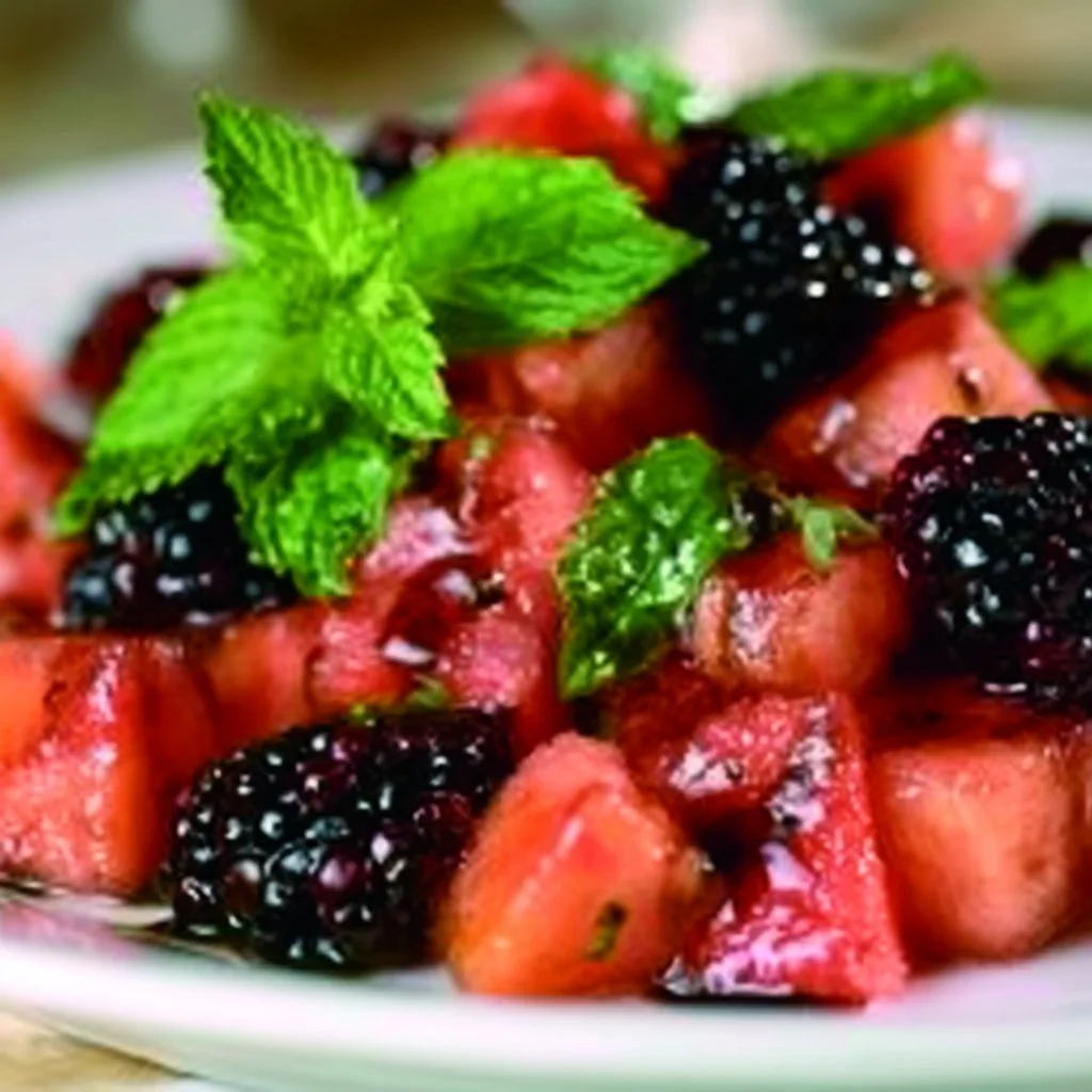 Refreshing Watermelon Blackberry Salad with vibrant fruits and mint leaves.