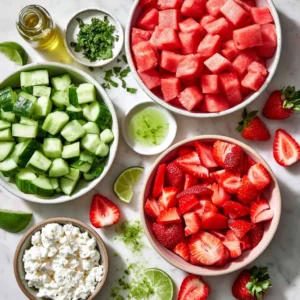 Fresh watermelon cucumber salad with mint and feta cheese on a serving plate.