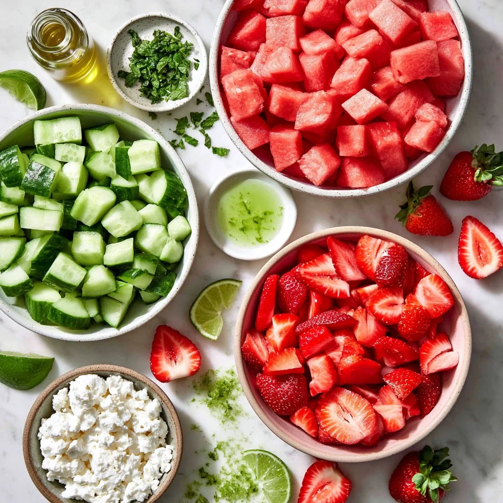 Fresh watermelon cucumber salad with mint and feta cheese on a serving plate.