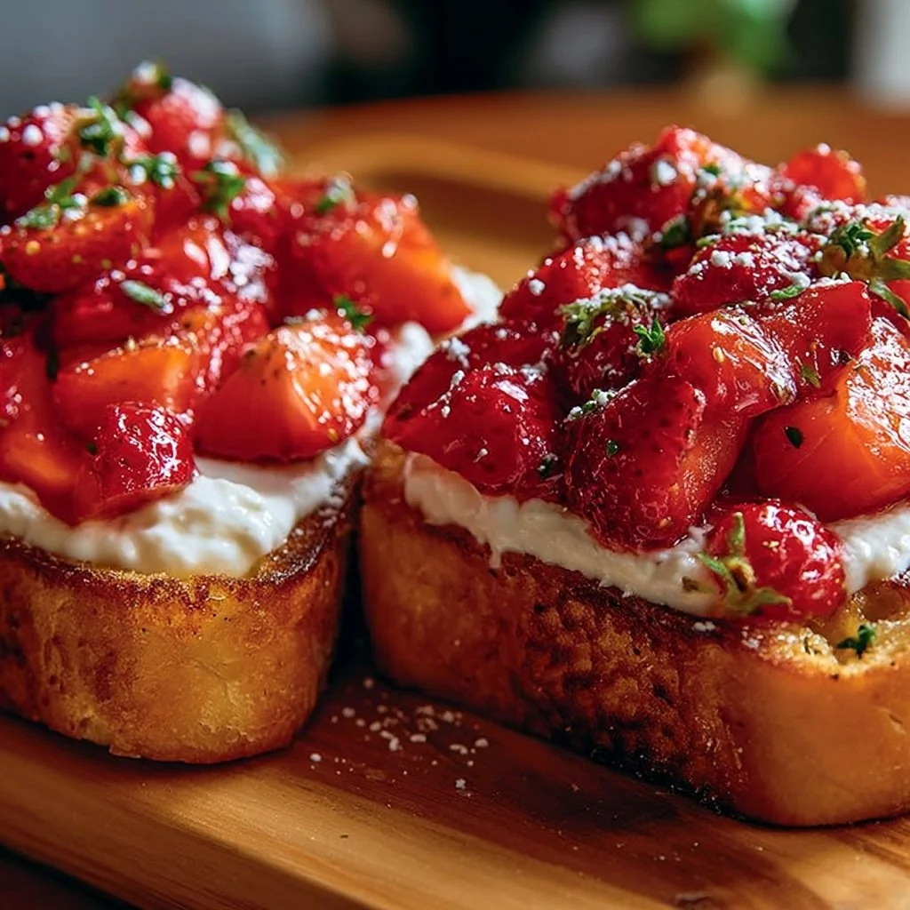 Delicious roasted strawberry whipped ricotta toast served on a rustic wooden board